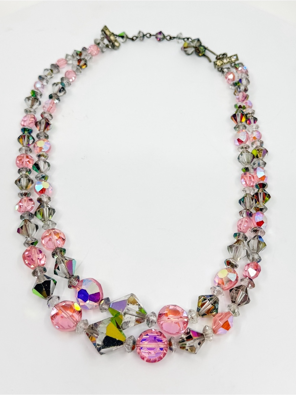 Vintage Double Strand Pink AB Crystal Bead Necklace Rhinestone Choker